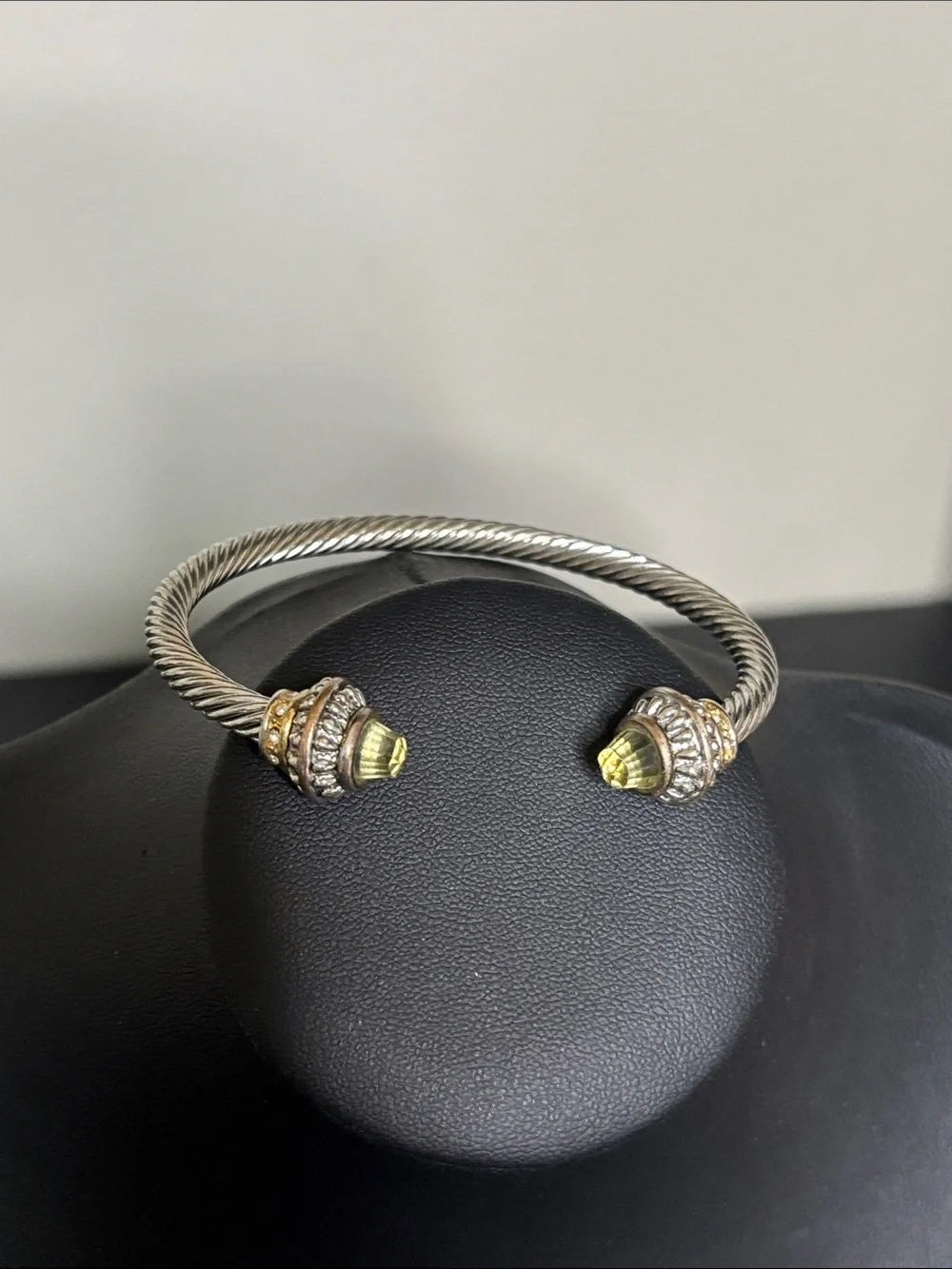 Silver-Tone Cable Cuff Bracelet with Yellow Crystal Endcaps